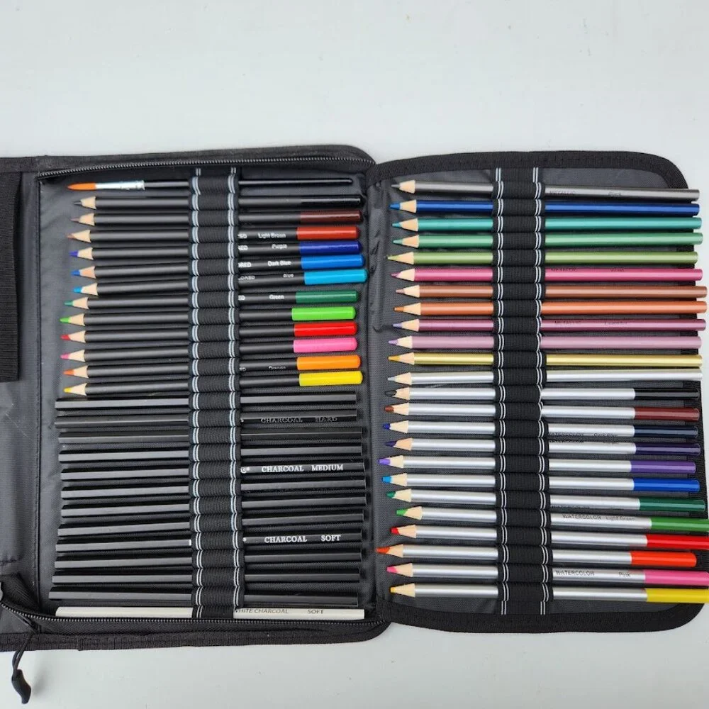 NEW 74 Piece Art Kit Supplies Watercolor Pencils Charcoal Travel Case Colored Pe